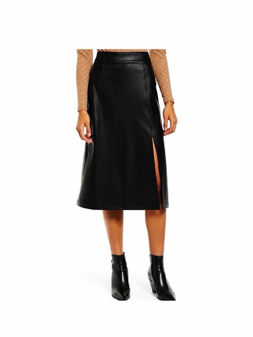 SPANX Black Faux-Leather Midi Skirt with Side Slit